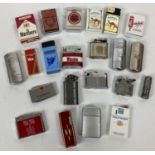 A collection of 22 vintage lighters to include advertising. Examples by Marlboro, Camel, Lucky
