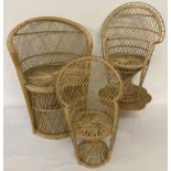A small child's vintage rattan chair together with 2 miniature wicker Peacock chairs.