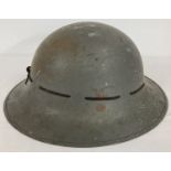 A WWII style home defence Zuckerman helmet in blue/grey finish with slim leather banding to