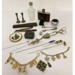 A tray of misc assorted vintage items to include costume jewellery, hat pins, cut glass vanity