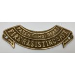 A small brass plaque for a 'Fire Resisting Safe'. Approx. 15cm long.