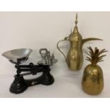 2 vintage brass items together with a set of Librasco kitchen scales complete with weights. Brass