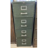 A mid century 4 drawer green painted steel filing cabinet by Milner. Top drawer does not open.