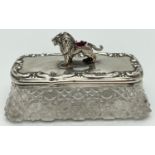 Silver lidded Edwardian glass pin dish with novelty silver pin cushion finial in the form of a lion.