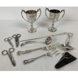 A box of mixed silver plate and metal ware items To include 2 trophy cups engraved "Glen Gorse