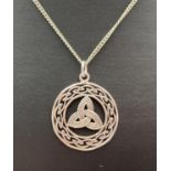 A silver Celtic design pendant on a 20" curb chain with lobster style clasp. Back of pendant,