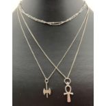 3 silver necklaces. A double row ball and chain necklace with extension chain, a fine 16" rope chain