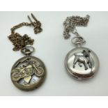 2 modern quartz pocket watches. A bronze effect watch with motorcycle detail and a silver tone cased