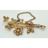 A vintage 15ct gold and seed pearl floral spray brooch with safety chain. Stamped 15ct to rear of