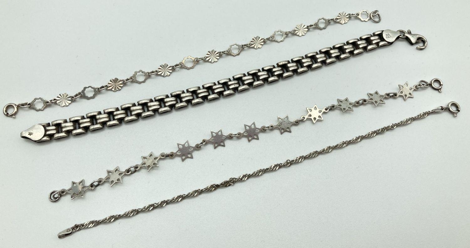 4 vintage and modern silver bracelets. A rope chain bracelet, floral link bracelet, flat square link
