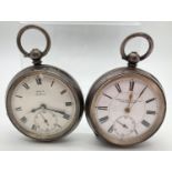 2 antique silver cased Swiss made pocket watches with enamelled faces & subsidiary seconds dials.