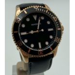 A men's Sekonda divers style watch with rotating bezel in black and rose gold tone finish with black