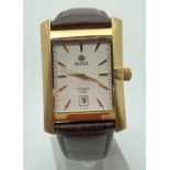 A Royal London men's wristwatch with gold tone square shaped case and brown leather strap. Silver