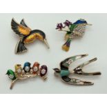 4 enamelled and stone set costume jewellery brooches in the form of birds.
