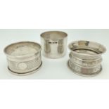 3 Victorian & vintage silver napkin rings totaling approx. 58.6g. Comprising: William Hutton &