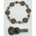 2 pieces of vintage micro mosaic jewellery both with a floral design. A bracelet with 12 round