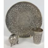 3 pieces of early 20th century decorative white metal tableware, possibly Anglo Indian silver. A