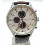 A men's Sekonda chronograph style wristwatch with brown leather strap. Stainless steel case with