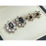 2 pairs of vintage 9ct gold sapphire and white stone stud earrings. A small pair set with central