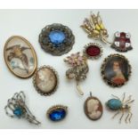 A collection of 12 assorted vintage brooches to include silver mounted cameo. Also includes