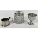 3 early 20th century silver items, all hallmarked. A silver topped cut glass dressing table pot (