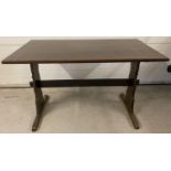 A dark wood refectory style table. Obtained from a local public house. Approx. 74 x 122cm.