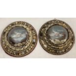 Two Edwardian Sailor's Valentine wall hanging plaques. Both depict a young woman and a fisherman