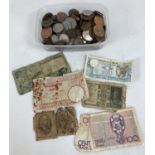 A tub of British and foreign bank notes and coins. To include examples from Italy, Belgium,