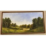 A large dark wood framed oil on canvas of a woodland scene, signed to lower left. Approx. 67cm x