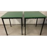 2 metal framed tables with green painted wooden tops. Approx. 73 x 63cm.