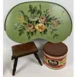 An antique small wooden stool with turned legs together with a vintage green painted floral detail