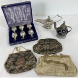 3 ladies vintage evening bags together with 3 ethnic metal items. A boxed set of eggcups with