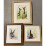 3 framed & glazed signed watercolour pictures of Hares by Kath Moon (1 glass a/f). Each named and