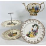 3 pieces of vintage ceramics decorated with Crinoline lady design and floral gilt detail. A heart