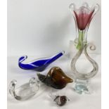 7 pieces of coloured art glass to include vase, decorative bowls & animal paperweights.