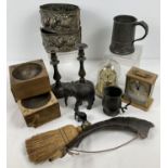 A collection of mixed items to include a a horn made from an antler, carved wooden elephants, pewter