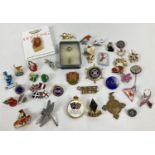 A collection of modern and vintage enamelled pin badges & brooches. To include: Fattorini