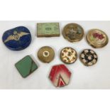 A collection of 9 vintage powder compacts in various designs and sizes to include: Blue leather with