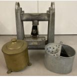 3 vintage metalware items. A brass lidded coal bucket with claw style feet, a galvanised metal mop