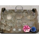 A box of assorted vintage glassware items to include vintage drinking glasses with transfer