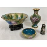 4 items of cloisonne ware. A bowl on a black lacquer wooden stand, a vase and an ashtray, all with