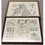 2 framed and glazed maps. A reproduction copy of 1635 map of the British Isles by Willem & John