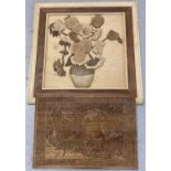 Two carved wooden wall hanging plaques. A Van Gogh style vase of sunflowers together with an