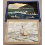 2 framed oil paintings. A sailing yacht "Islay" signed R. Paddick together with "Durdle Door" in