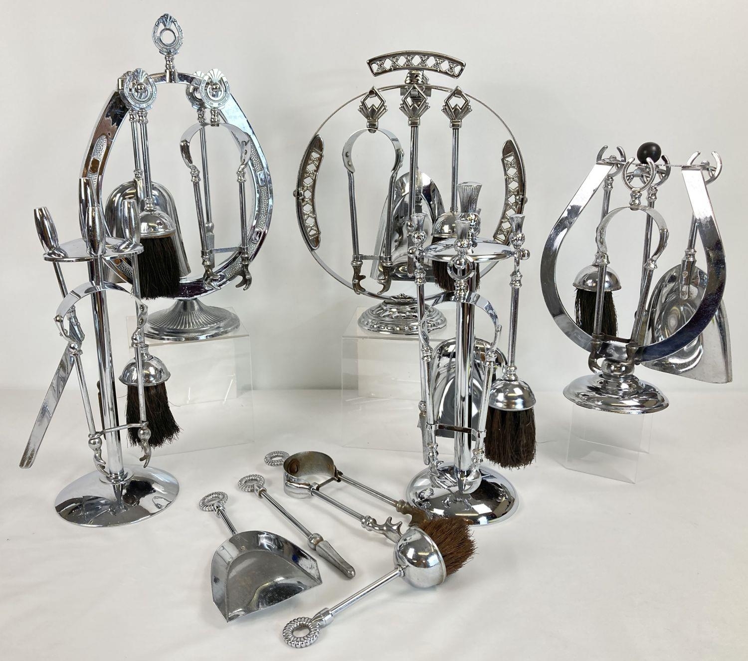 A collection of 6 mid century chrome fireside companion sets. To include novelty horseshoe shaped