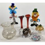 A collection of vintage glassware. To include 2 Murano glass clowns, 2 red specimen vases with