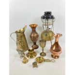 A box of assorted vintage metal ware to include brass & copper. Lot includes Tilley lamp, brass