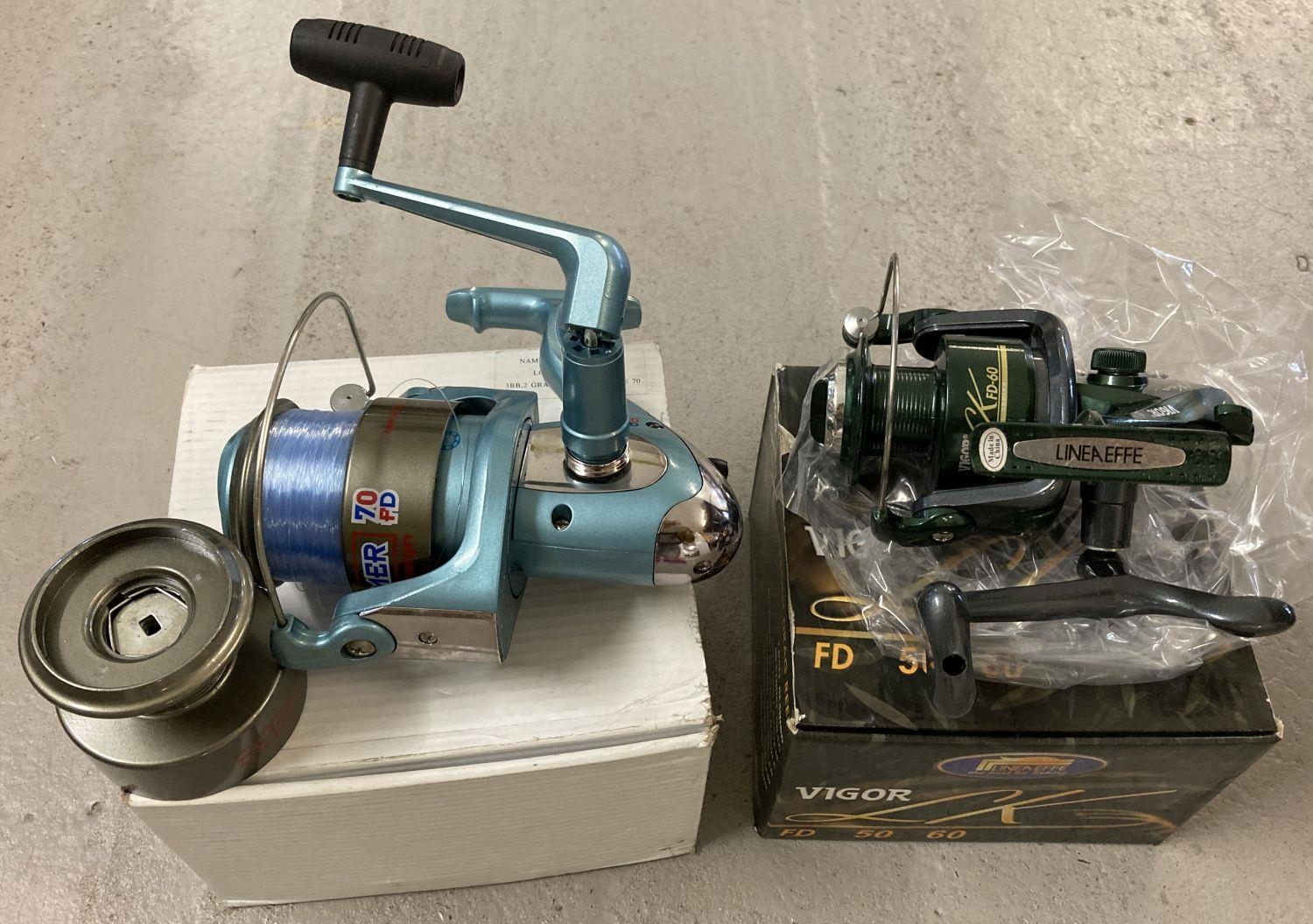 A new, in box, Lineaffe Vigor LK FD50 60 fishing reel with line. Together with a boxed new Tide