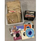 A box of approx. 100 78 rpm records together with a vintage carry case of 45 single records from