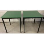 2 metal framed square shaped tables with green painted wooden tops. Approx. 73 x 63cm.